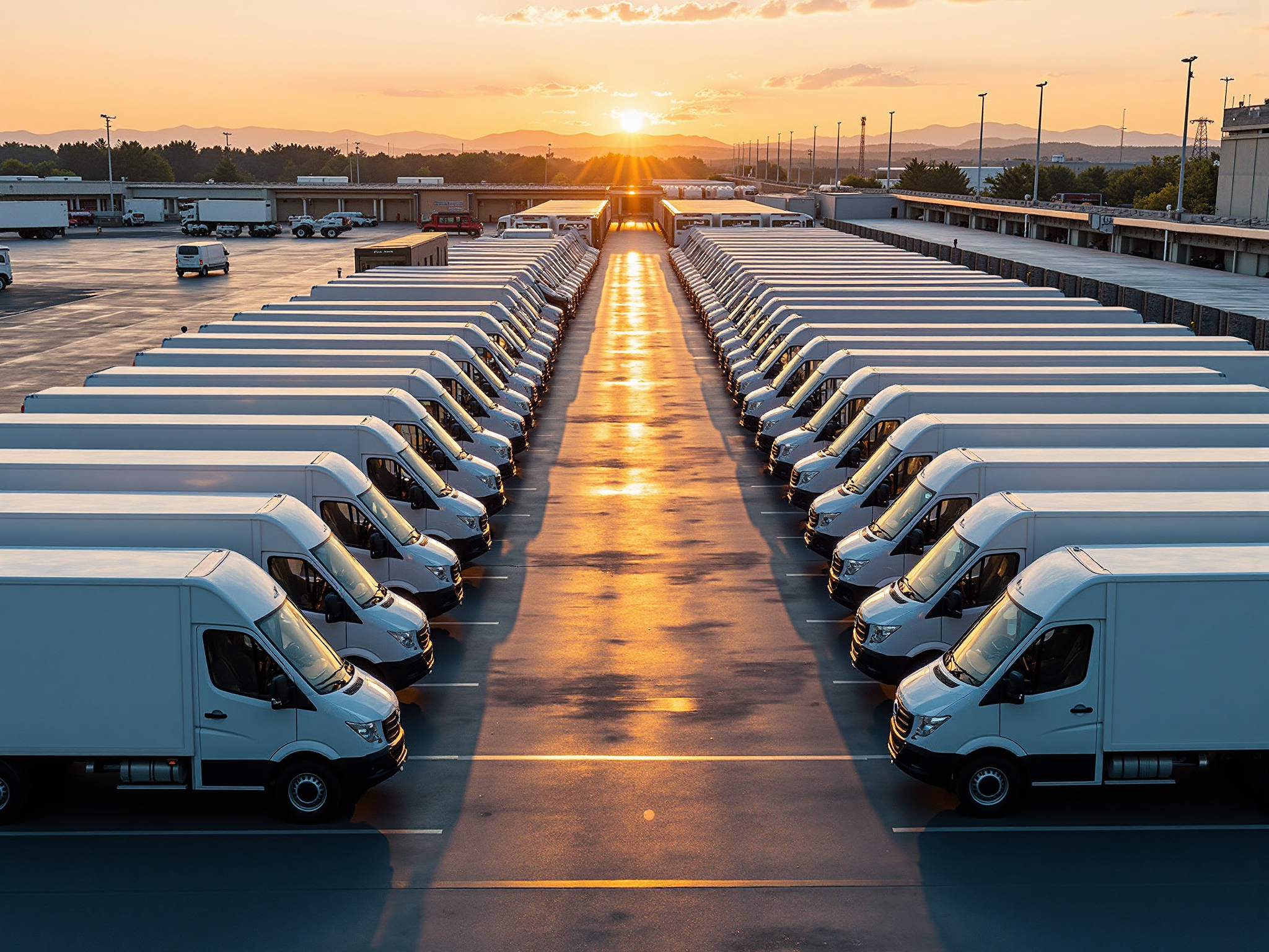 A row of delivery trucks parked at loading bays