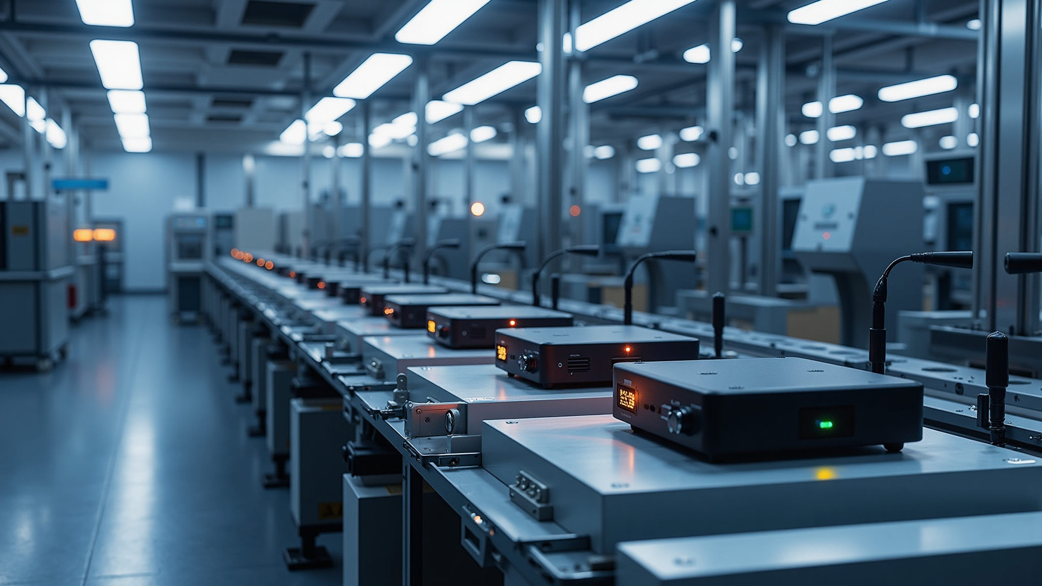 Production line with motors and gear housings arranged on an assembly bench