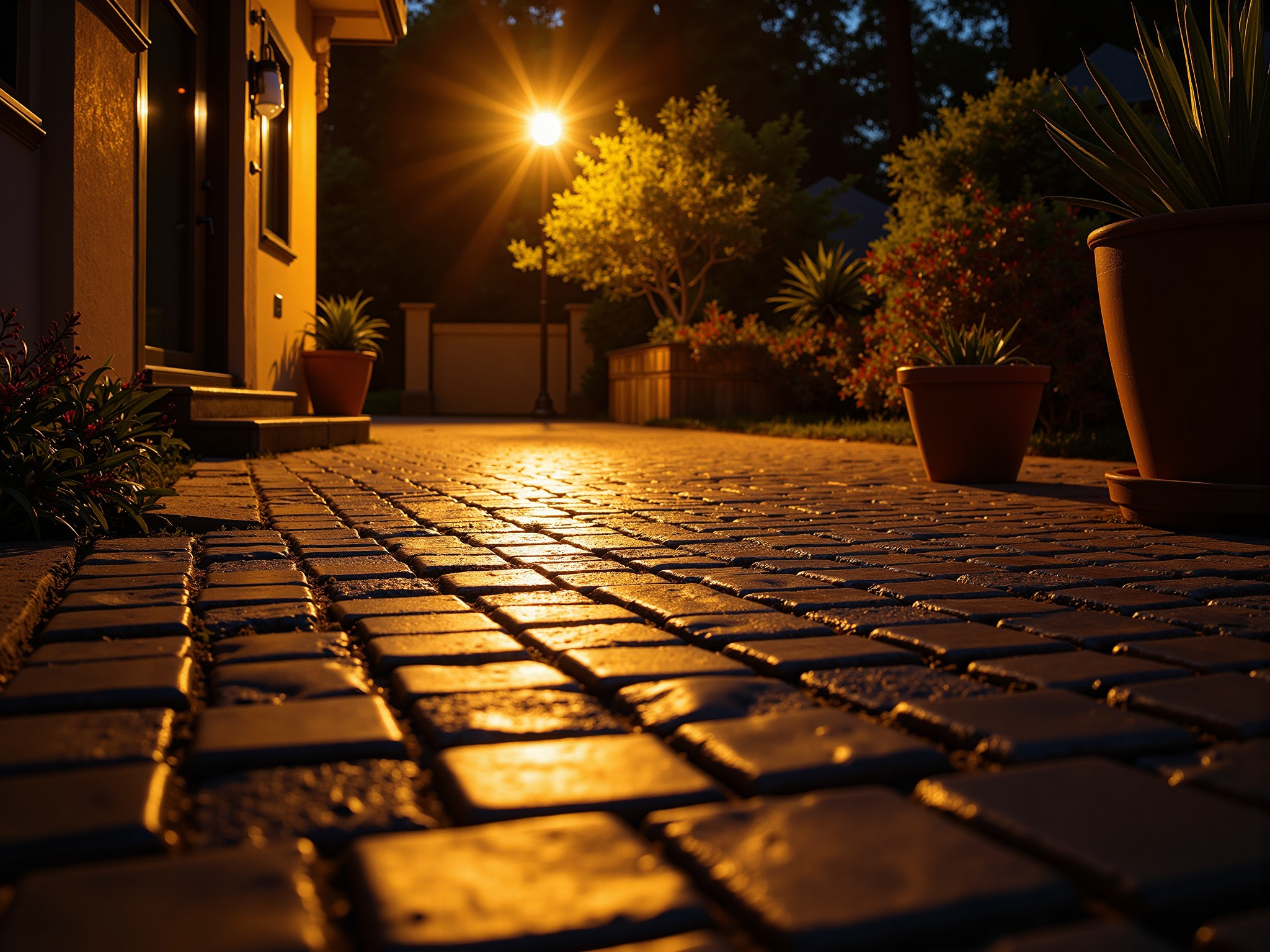 A wide paved driveway leading up to a house with a closed overhead garage door