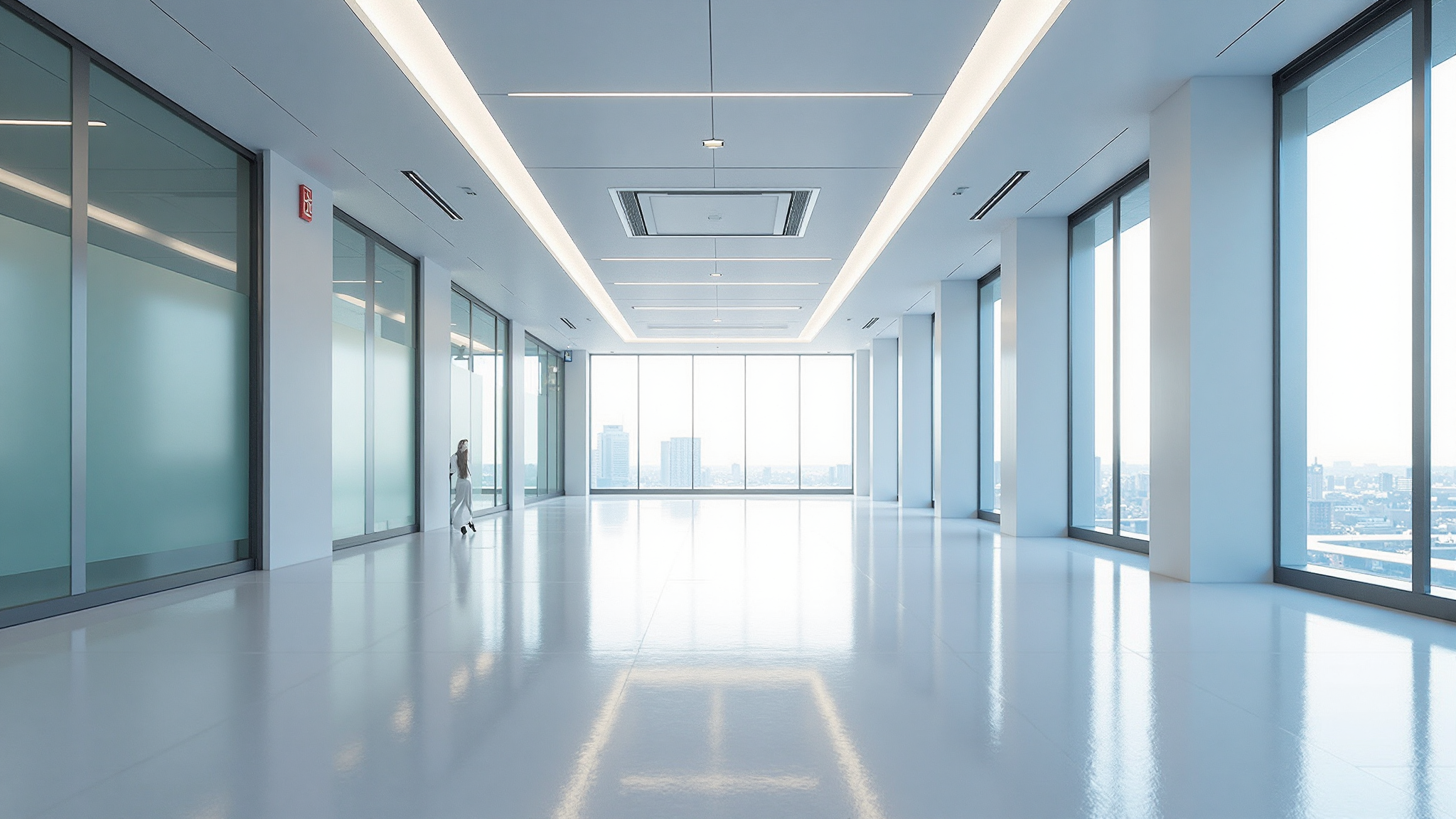 A doorway fitted with an air curtain unit in a commercial building