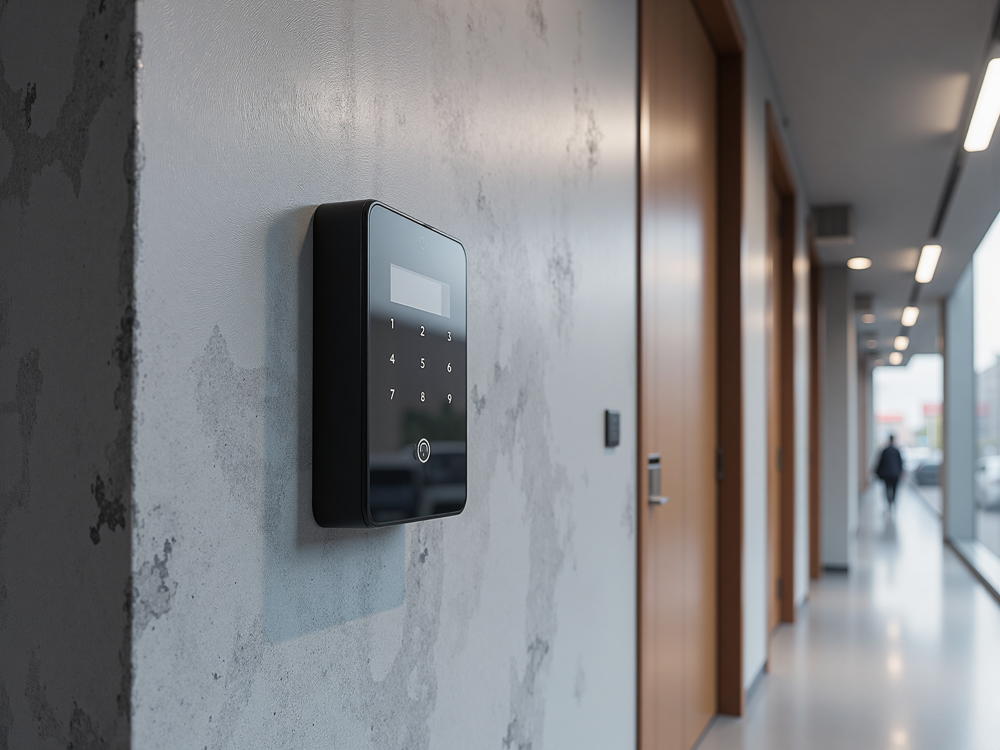 A card reader and keypad mounted beside a controlled entrance doorway
