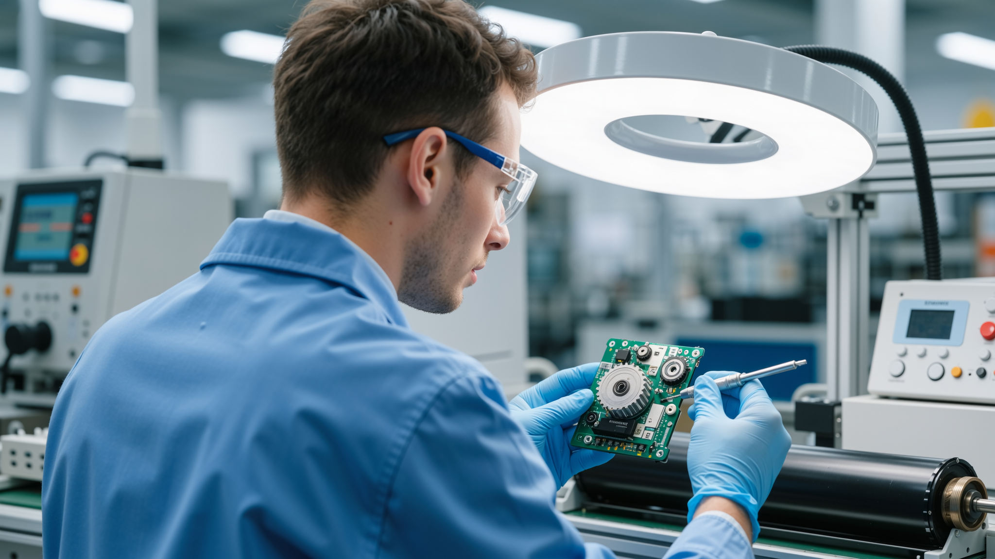 Technician testing a door operator control unit at a workbench
