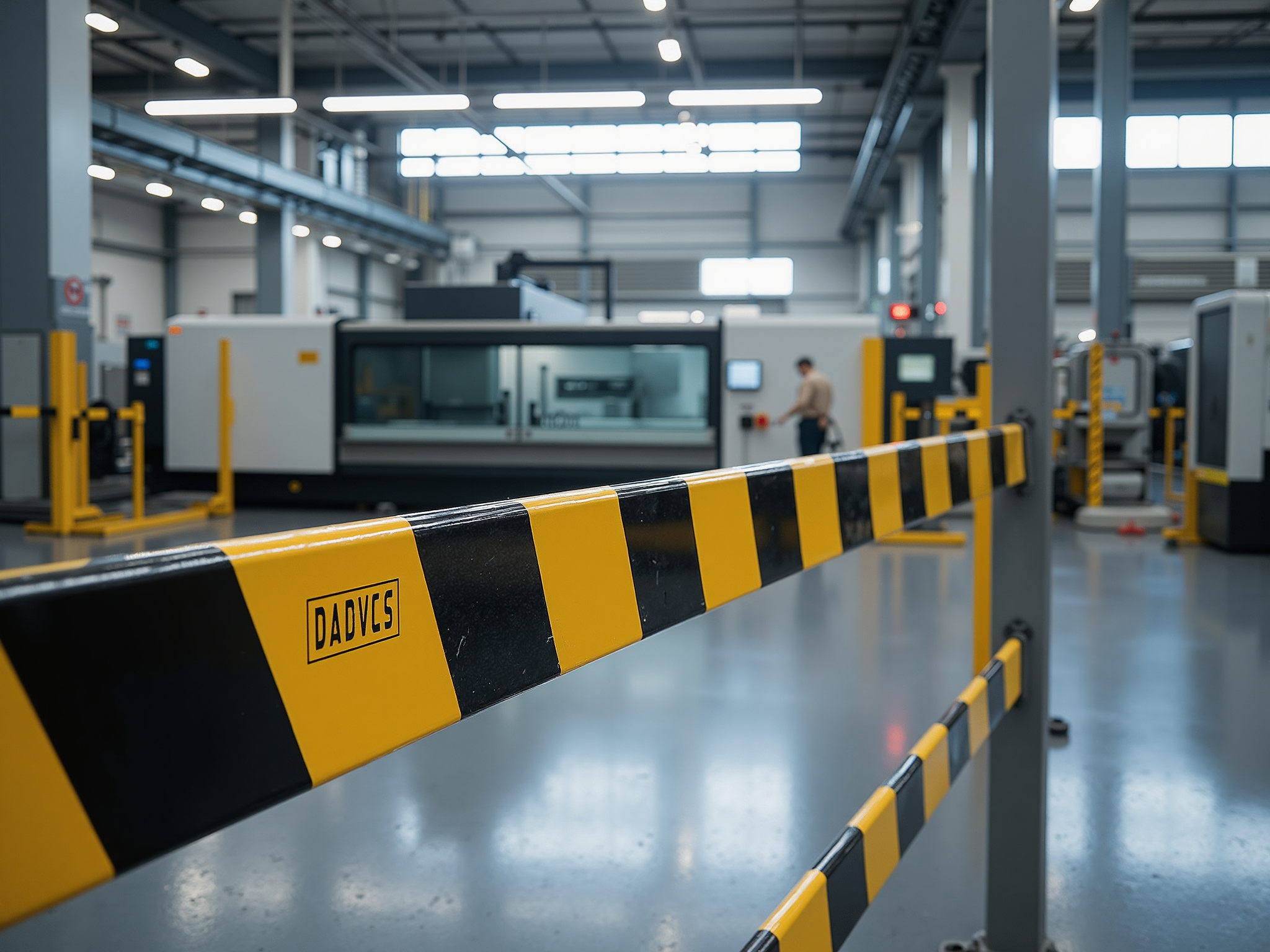 A row of steel barrier sections lined up along an industrial access lane