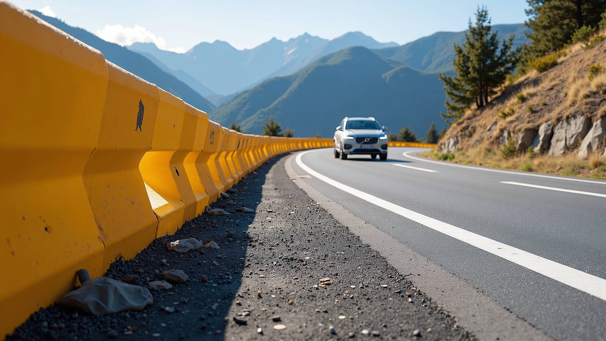 A parking barrier arm lowered across a vehicle entrance road