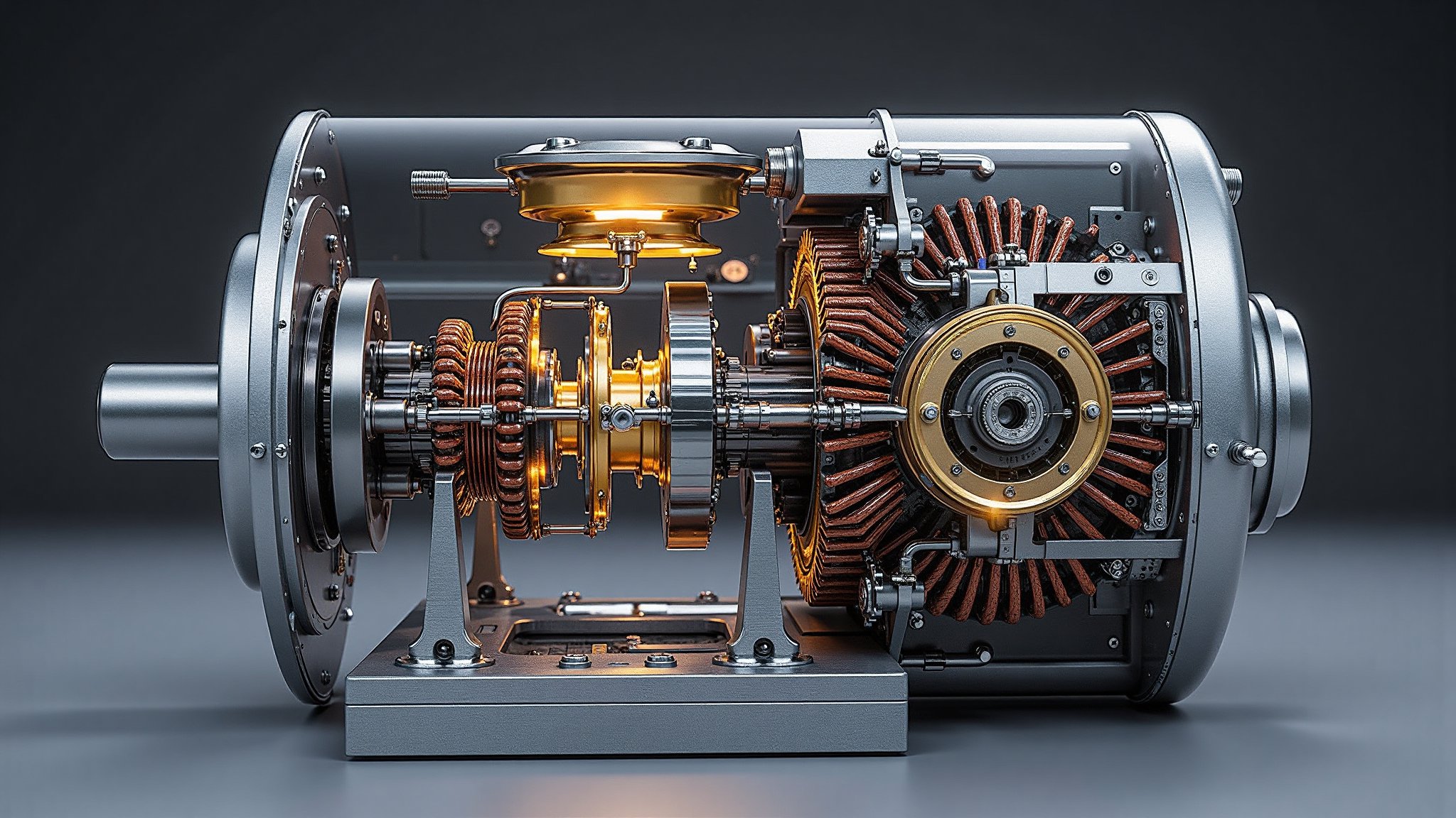 A close view of an electric motor with its housing and mounting points on a workbench
